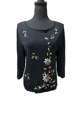 Lucia Burns Embroidered Beaded Floral Black Top 3/4 Sleeve Large Chic